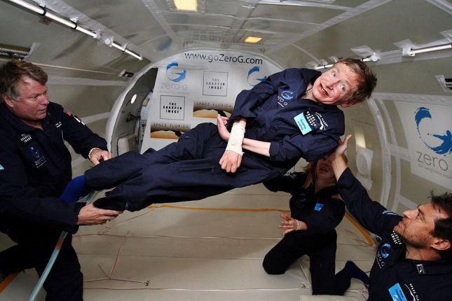 Physicist Stephen Hawking in zero gravity simulator NASA