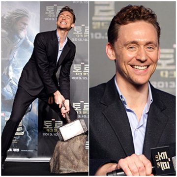 Tom Hiddleston attempts to pull hammer from stone
